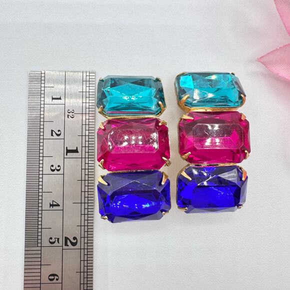 Vintage Three Rhinestone Huge Clip On Earrings Teal Fuchsia Blue 80s Mob Wife - Picture 13 of 16